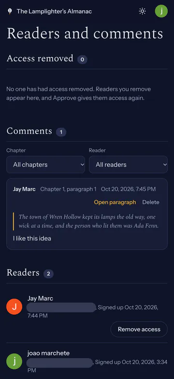 Your site's Readers and comments page: a reader's note on chapter 1, paragraph 1, with filters for chapter and reader.