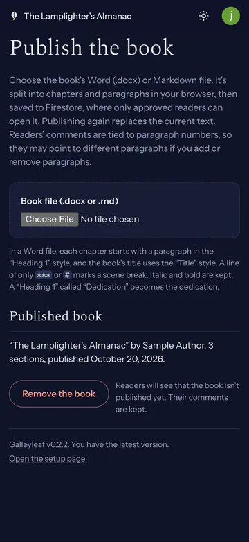 Your site's Publish the book page: choose a Word or Markdown file, and see the book that's published now.