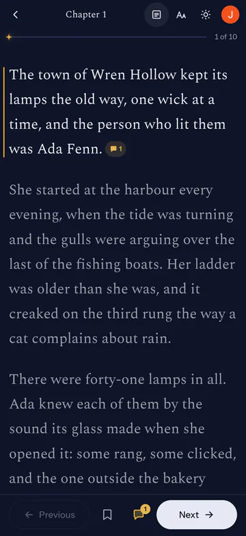 A chapter of a sample book on a phone. The first paragraph is marked with a reader's note.