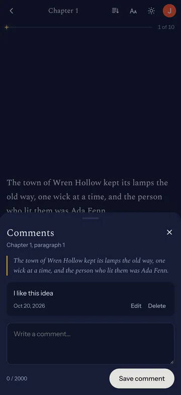 The reader's note, I like this idea, saved under the paragraph it's about, with Edit and Delete.