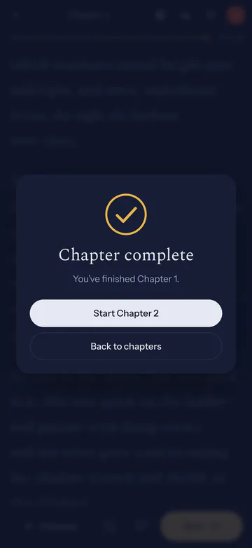 A Chapter complete message with a Start chapter 2 button.