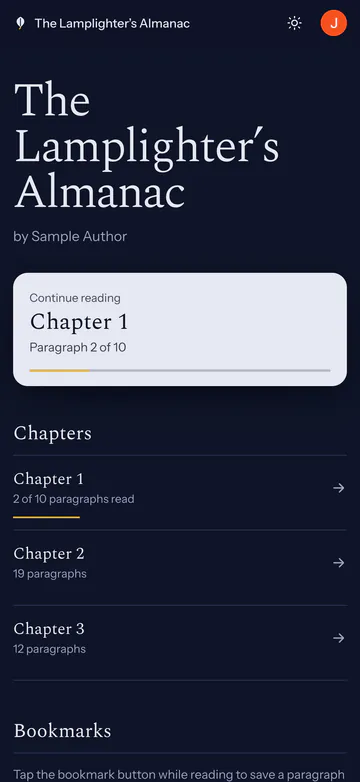 The book's front page on a phone: the title, a Continue reading card at chapter 1, paragraph 2 of 10, and the list of chapters.