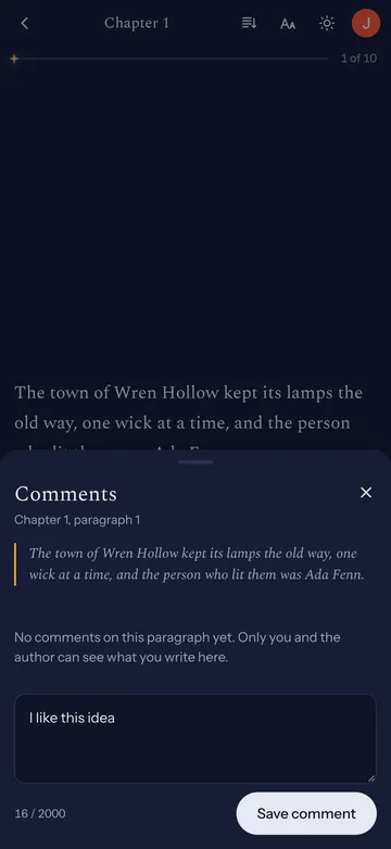 A reader writing a note on chapter 1, paragraph 1. The paragraph is quoted above the note, with a Save comment button.