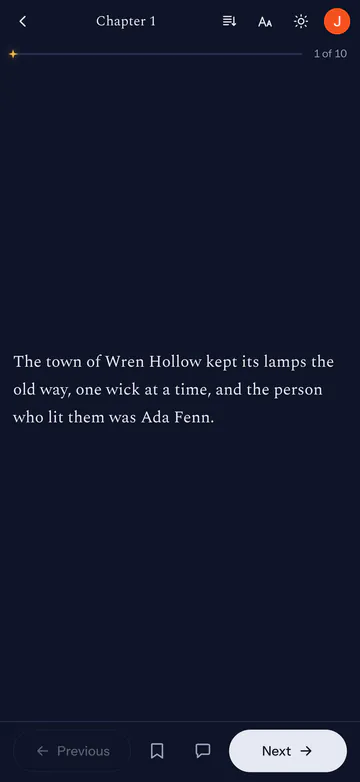 Reading chapter 1: a single paragraph in large type, with Previous, bookmark, note and Next buttons at the bottom.